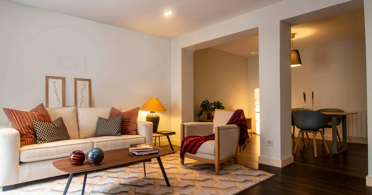 Apartment decorating on a budget — a warm, pulled-together rental living space with a large rug, a leaning mirror, lamp lighting, and plants