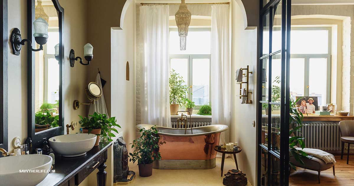 Bathroom decor ideas on a budget — a cozy bathroom with plants and warm lighting