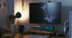 Home office ideas on a budget — a small tidy desk corner with a warm lamp, a plant, and a laptop.