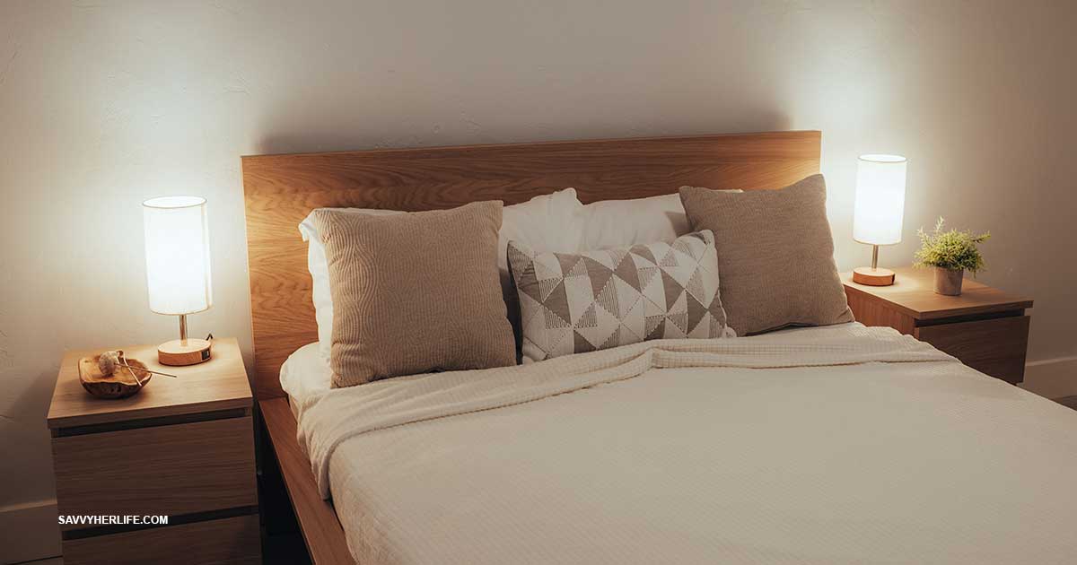 Night routine on a budget — a warm lamp, a cup of herbal tea, and a book on a nightstand.